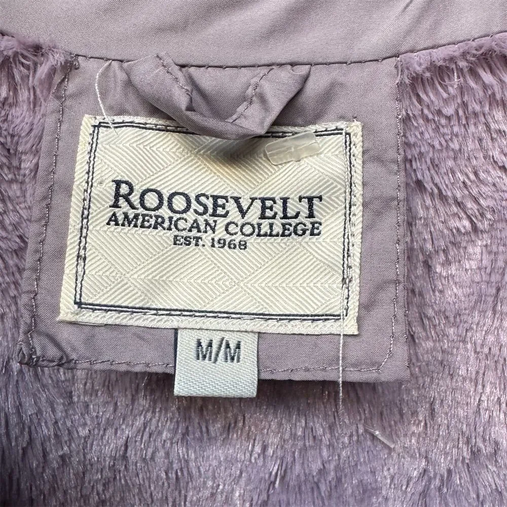 Roosevelt American College Women's Purple Puffer Jacket M Detachable Hood - Picture 2 of 8